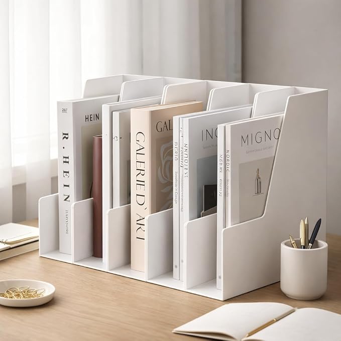 CiWiVOKi Vertical Magazine File Holder, Desk Organizer and Storage for Magazines, Binders, Notebooks, Envelopes, Multi-Purpose Desktop File Organizer for Home, Office & Classroom, 4 Pack, White