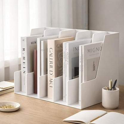 CiWiVOKi Vertical Magazine File Holder, Desk Organizer and Storage for Magazines, Binders, Notebooks, Envelopes, Multi-Purpose Desktop File Organizer for Home, Office & Classroom, 4 Pack, White