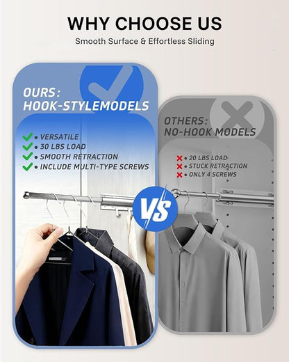 16 inch Valet Rod for Deeper Closet Pull Out, Closet Valet Rod Slide Out Pull Out Clothes Hanger With 6 Hooks Closet Organization and Storage (Black)