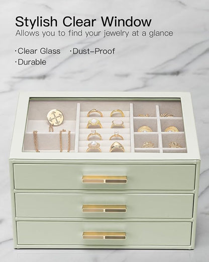 VLANDO Jewelry Box for Women, Glass Lid Jewelry Organizer with 3 Drawers for Necklaces Rings Earrings Bracelets - Sage Green