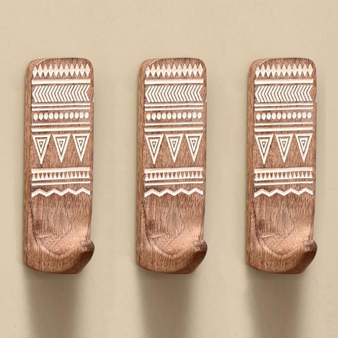 Indian Shelf Boho Decorative Wood Adhesive Wall Hooks for Hanging Coats, Keys, Leash, Hat, Towel Holder, Cute Sticky Key Holder, White Brown Western Wall Décor (3 Hooks 6 Strips)