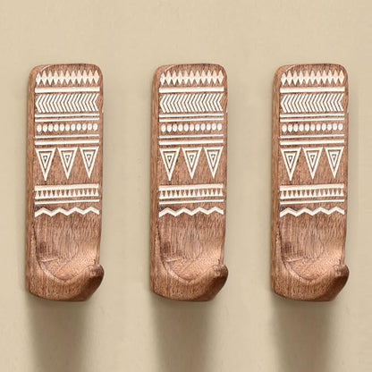 Indian Shelf Boho Decorative Wood Adhesive Wall Hooks for Hanging Coats, Keys, Leash, Hat, Towel Holder, Cute Sticky Key Holder, White Brown Western Wall Décor (3 Hooks 6 Strips)