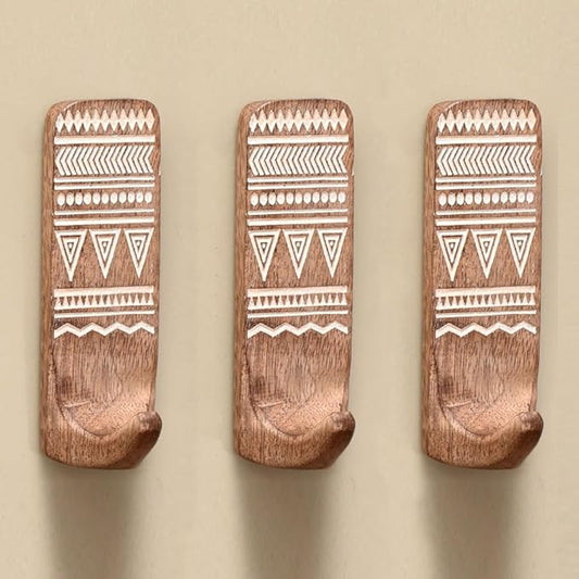 Indian Shelf Boho Decorative Wood Adhesive Wall Hooks for Hanging Coats, Keys, Leash, Hat, Towel Holder, Cute Sticky Key Holder, White Brown Western Wall Décor (3 Hooks 6 Strips)