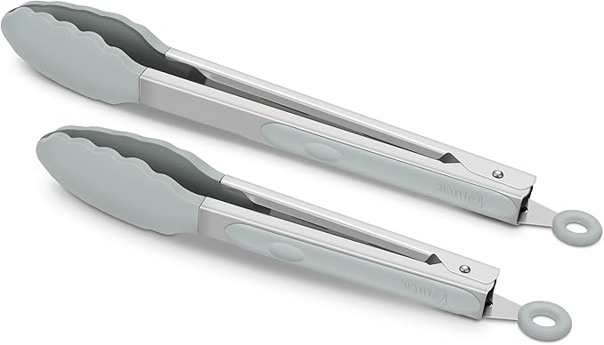 2 Pack Silicone Kitchen Tongs – 9" & 12" Set, Heat Resistant up to 500°F, Non‑Stick Cookware Safe, Wavy Silicone Tips, BPA Free, Locking Clip & Hanging Loop, Warm Grey