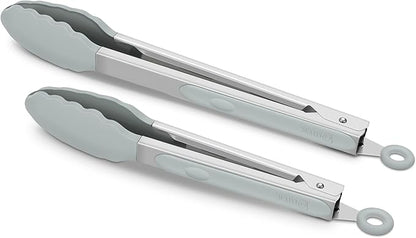 2 Pack Silicone Kitchen Tongs – 9" & 12" Set, Heat Resistant up to 500°F, Non‑Stick Cookware Safe, Wavy Silicone Tips, BPA Free, Locking Clip & Hanging Loop, Warm Grey