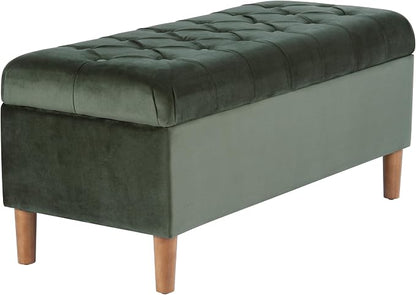Homepop Home Decor | Tufted Ainsley Button Storage Ottoman Bench with Hinged Lid | Ottoman Bench with Storage for Living Room & Bedroom,Loden Green Velvet