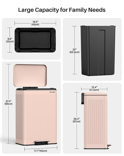 Lovewind 60 Liter/ 16 Gallon Stainless Steel Trash Can with Soft-Close Lid, Large Footstep Garbage Can with Roman Texture, Removable Inner Buckets, Recycling Bin for Kitchen Office, Pink