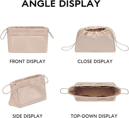 GIVLEFLY Purse Organizer Insert with Multiple Pockets, Drawstring Satin Tote Bag Organizer,Light Weight Purse Liner with Zipper Pocket Fit for Longchamp Hobo,Neverful and More (Beige,Large)