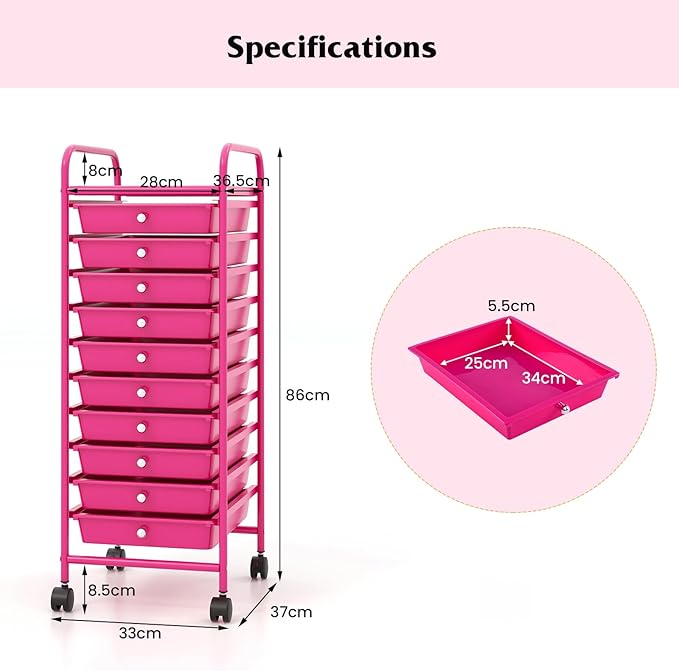 OFFICEJOY Storage Cart, Rolling Utility Cart with 10 Drawers, Portable Handles & Lockable Wheels, Mobile Paper Toys Storage Organizer Large Capacity for Home Office School Teacher (Hot Pink)