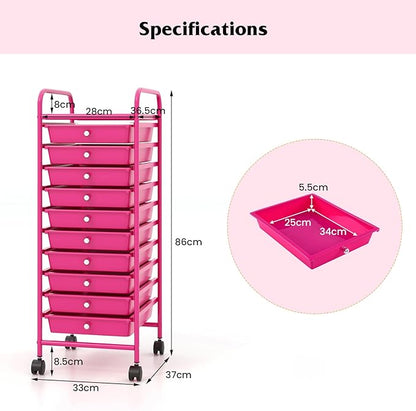 OFFICEJOY Storage Cart, Rolling Utility Cart with 10 Drawers, Portable Handles & Lockable Wheels, Mobile Paper Toys Storage Organizer Large Capacity for Home Office School Teacher (Hot Pink)