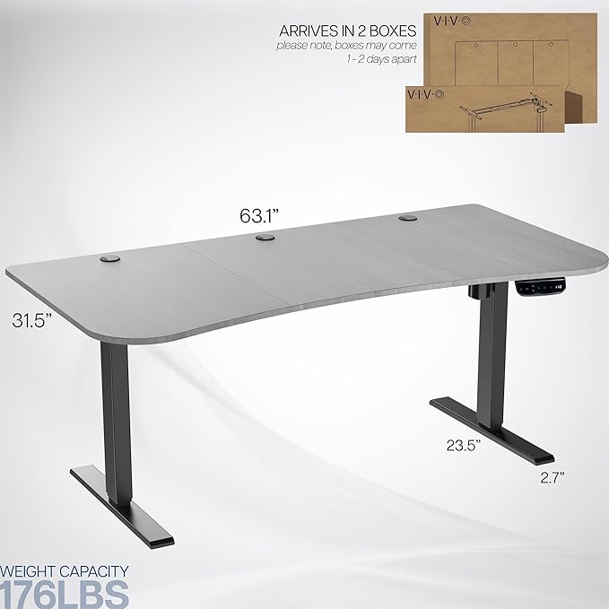 VIVO Electric 63 x 32 in Standing Desk, Touch Screen Adjustment, 220 lb Frame Support, 2E Series, Dark Gray Top Black Frame, DESK-KIT-2EBG
