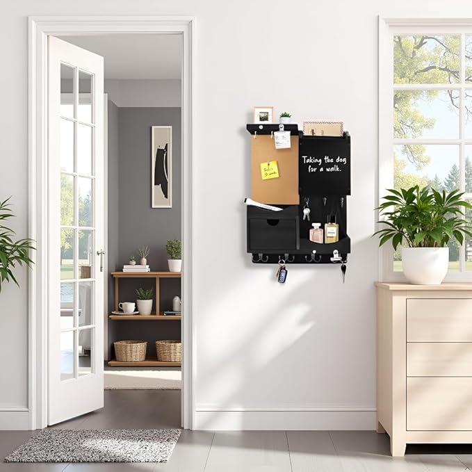 Key Holder Wall Mount， Mail Organizer Key Holder for Wall with Shelf, Drawer, Chalkboard, Corkboard, Home Decor Wall Mounted for Room Entryway (Black)