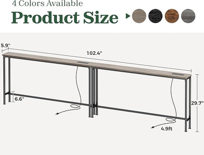 SUPERJARE 102.4 Inch Sofa Table with Power Outlets and USB-C Ports, 5.9 Inch Narrow Console Tables, Entryway Hallway Couch Tables with Storage, Behind Sofa, Small Spaces, Living Room, Oak