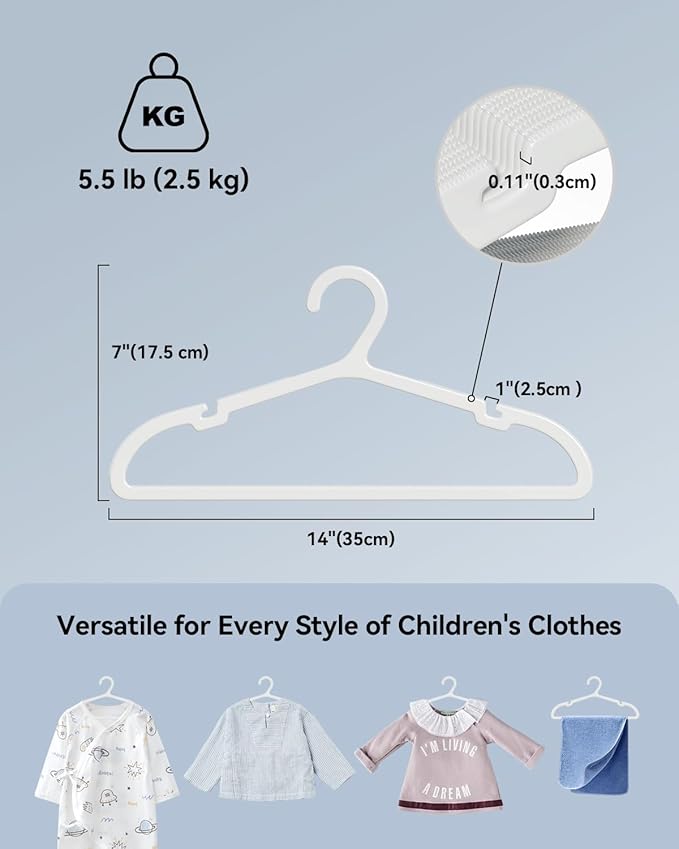 Plastic Kids Hangers, Pack of 100, Ultra Slim Closet Hangers, Non-Slip, Space-Saving, Sturdy, 14" W x 7" H (for Children Aged 7-12 Years), White, UAPY07100W