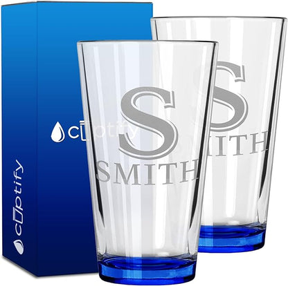 Personalized Beer Glasses Set of 2 Engraved Blue 16oz Pint Glasses for Men & Women, Custom Drinking Gift for Birthdays, Weddings, Father’s Day & More