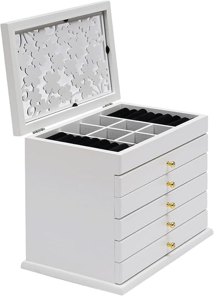 6-layer White Jewelry Box Organizer, Exquisitely Lucky Four Leaf Clover Wooden Jewelry Storage Organizer Great Ideal for Earring, Ring, Necklace, Bracelets,Christmas Gifts