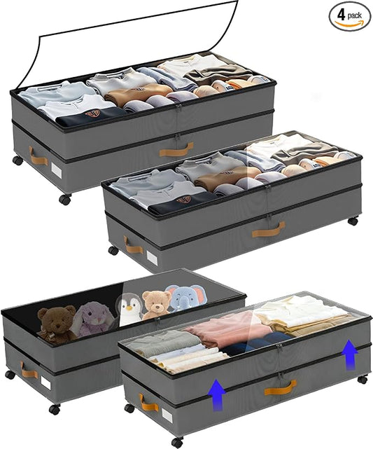 Under Bed Storage with Wheels 2-Pack, 75L XXL Under the Bed Storage Containers Large, 12" Tall Adjustable Storage for Underbed with Lids, Rolling for Clothes, Shoes, Blankets (4PCS-Grey)