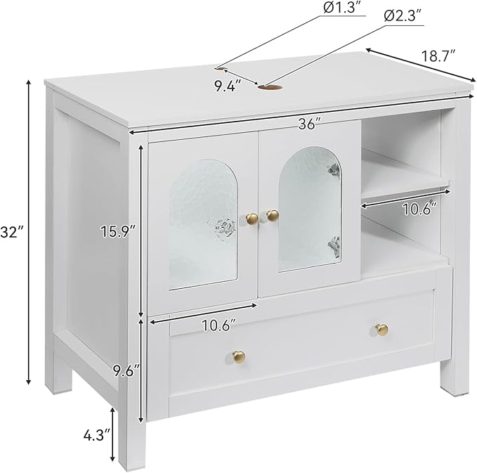 36 Inch White Bathroom Vanity with Water Ripple Design Door, Modern Stylish Cabinet with Clear Boat Glass Sink Top