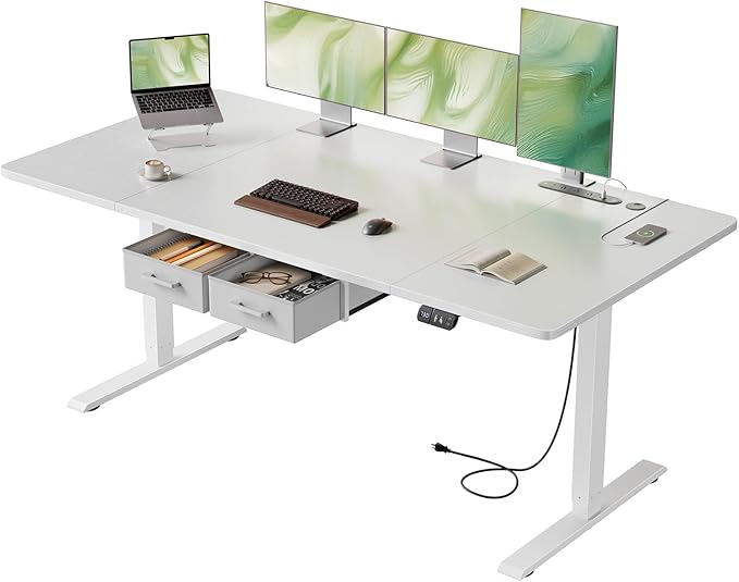 HLDIRECT Electric Standing Desk, 63 x 31.5 Inches Height Adjustable Table with Outlets, Sit Stand Computer Desk with Drawers for Home Office, Ergonomic Rising Workstation, White