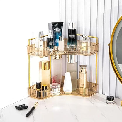 Corner Bathroom Counter Organizer, Vanity Trays for Bathroom, Skincare Makeup Organizer Shelf, Shelf Cosmetics, Toiletries, Lotions, Perfumes (2 Tiers, Amber)