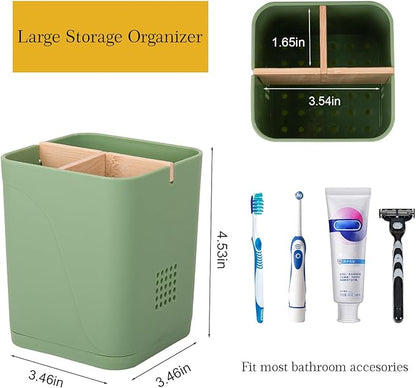 Electric Toothbrush Holder 3 Slots Tooth Brushing Holder with Bamboo Dividers for Bathrooms, Plastic Toothbrush and Toothpaste Organizer for Shower, Countertop, Vanity, Green