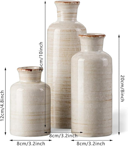CwlwGO- Ceramic Rustic Vase 3 Piece Set,Small vase for Country Home Decoration,Modern Farmhouse Decor, Living Room Table Decoration, Bookcase, Fireplace and Entrance Decorations.(White)