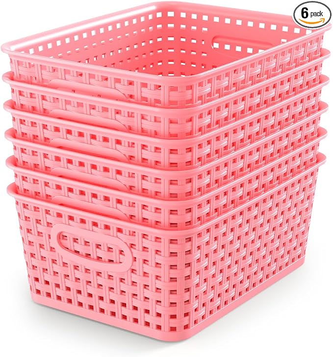 WYT 6-Pack Plastic Small Shelf Storage Weave Baskets Organizing for Cabinets and Pantries, Pink