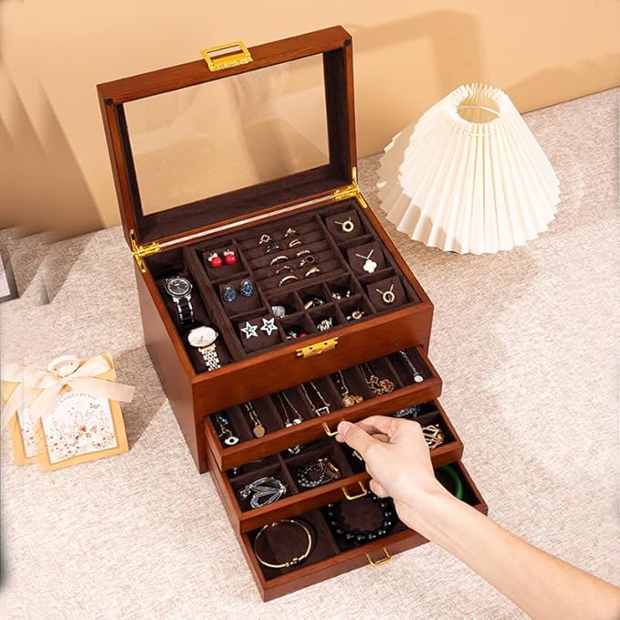 4-Layer Black Walnut Wooden Jewelry Box with Glass Lid, Soild Wood,Jewelry Organizer for Versatile Necklace, Watch, Ring Earring Storage for Women Christmas Gift