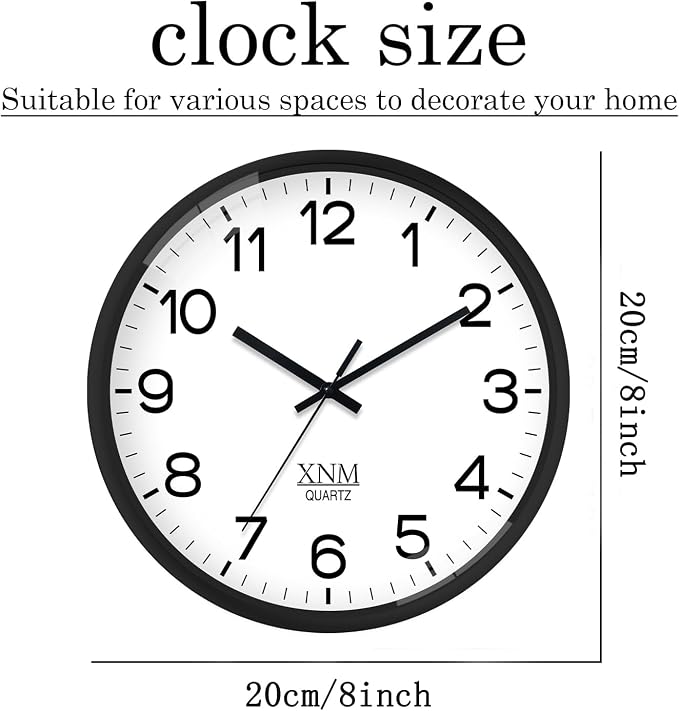 XNM 2 Pack Black Wall Clock 8 Inch Small Classic Wall Clocks Battery Operated Modern Minimalist Wall Clock for Living Room Bedroom Silent Non Ticking