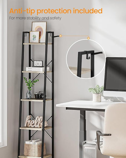 Ladder Shelf, Bookshelf Bookcase, Freestanding Corner Storage Shelve with 2 Hooks for Home Office, Living Room, Kitchen, Bedroom, Industrial, 11.8" D x 13.4" W x 63" H, Greige BC03205B