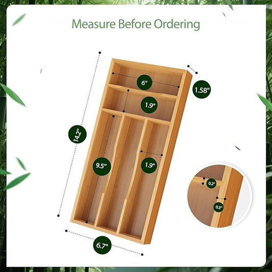 Small Silverware Organizer, Bamboo Kitchen Drawer Cutlery Organizer, Utensil Holder, Flatware Organizer Tray (14.2"x6.7"x1.6")