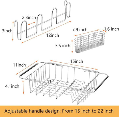 NiuYichee Stainless Steel Dish Drying Rack(15" L X 11" W X 4.1" H), Expandable Drain Rack Over Sink, Dish Drainer Rack in Sink, with Stainless Steel Utensil Holder & 4 Hooks Cup Hanger