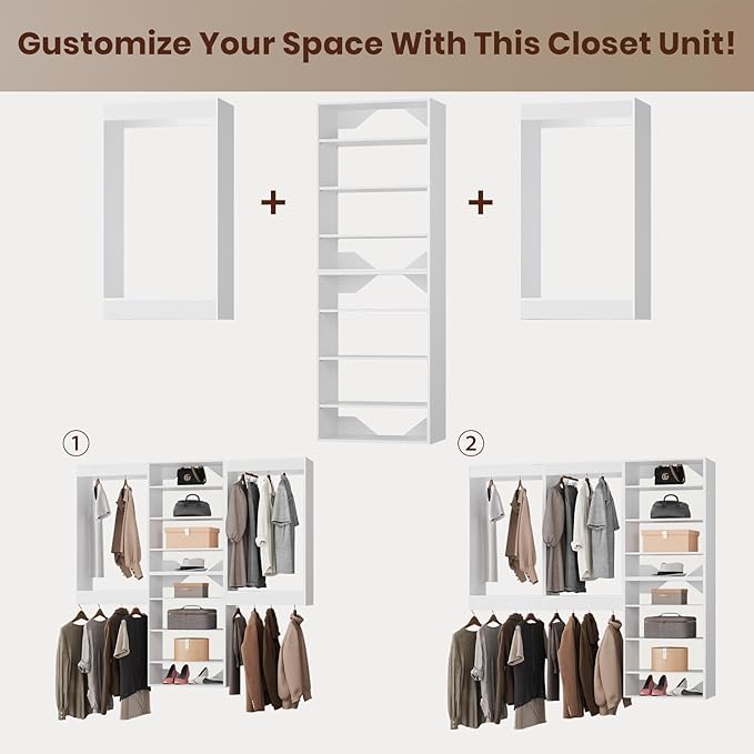 ROOMTEC Modular Closet System, 72" Wall-Mounted Closet Organizer with Hanging Rods and Shelves, Wooden Tower for Walk-In Closets, Wardrobe Storage Kit, White