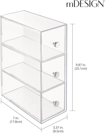 mDesign Plastic Kitchen Pantry Stackable Storage Organizer Container Station with 3 Drawers for Cabinet, Countertop, Holds Coffee, Tea, Sugar Packets, Creamers - Lumiere Collection - Clear