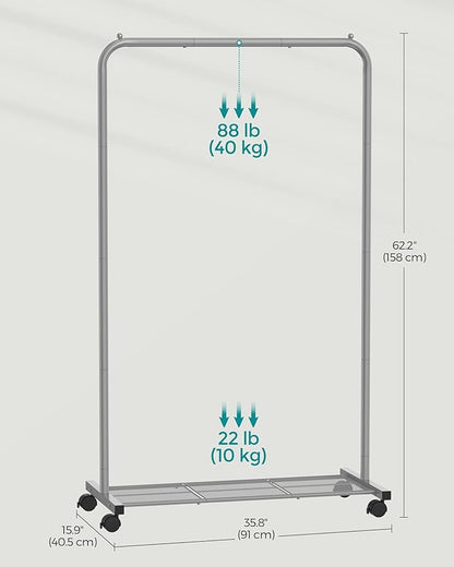 SONGMICS Clothes Rack with Wheels, Clothing Rack for Hanging Clothes, 25.4 mm Metal Garment Rack with Dense Mesh Storage Shelf, 110 lb Load Capacity, 2 Brakes, Gray UHSR025G01