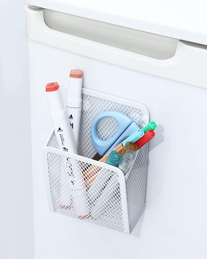 Magnetic Pencil Holder,Mesh Stainless Steel Pen Basket, Metal Writing Utensil Storage Organizer for Whiteboard,Blackboard,Kitchen, Locker, Home, or Office