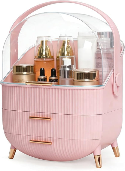 Makeup Organizer and Storage for Bathroom Vanity Countertop, Portable Travel Cosmetic Display Cases with Lid and Drawers, Gift for Women and Girls -Pink