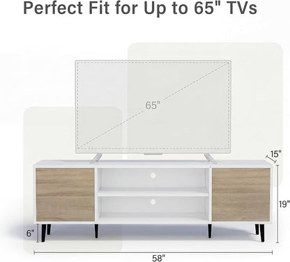 JUMMICO Mid-Century Modern TV Stand for 55-65 Inch TVs, 58 Inch Media Console with Storage, Entertainment Center with Push-Open Cabinets and Cable Management for Living Room(Oak, 58 Inches)