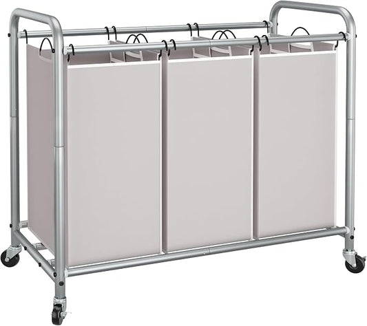 STORAGE MANIAC 3 Section Laundry Sorter, 35.6 Gal (135 L) Laundry Hamper Cart with Heavy Duty Rolling Lockable Wheels and Removable Bags, Clothes Organizer Basket Clothes Separator Hamper, Gray