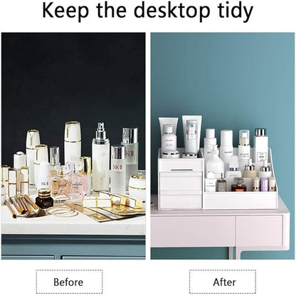 skin care organizer,Makeup Desk Organizer With Drawers,Countertop Organizer for Cosmetics,Vanity brush with Holder for Lipstick, Brushes, Eyeshadow, and Jewelry Desktop Finishing Dresser (White)