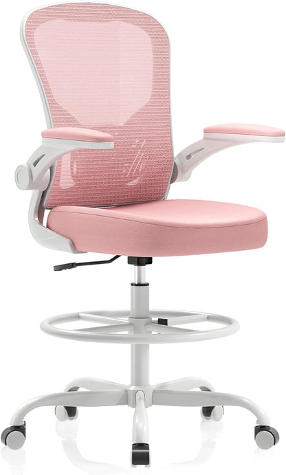 Ergonomic Drafting Chair, Tall Office Chair with Flip-up Armrests, Breathable Mesh High Desk Chair with Lumbar Support Adjustable Footrest Ring for Standing Desk Pink