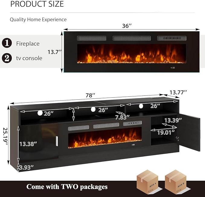MXV 78" Fireplace TV Stand with Power Outlet for TVs UP to 90", Electric Fireplace Entertainment Center with LED Lights & Storage Cabinets, TV Console for Living Room, Office, Black-Black