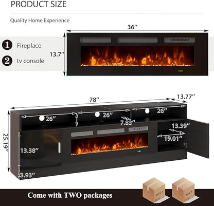 MXV 78" Fireplace TV Stand with Power Outlet for TVs UP to 90", Electric Fireplace Entertainment Center with LED Lights & Storage Cabinets, TV Console for Living Room, Office, Black-Black