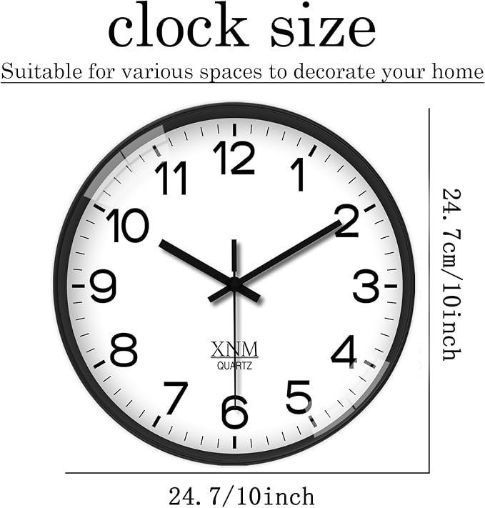 XNM Small Wall Clock Modern Wall Clocks Battery Operated 10 Inch Silent Non Ticking Classic Analog Wall Clocks for Living Room Kitchen Bedroom Decor