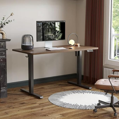 FEZIBO One-Piece Standing Desk Adjustable Height Stand up Home Office Desk, 48x24 Inch Electric Standing Computer Desk, with 4 Memory Presets, Headphone Hook, Black Walnut
