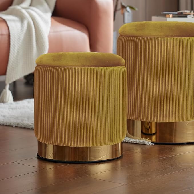 YYW HOME Round Ottoman with Storage Set of 2 Velvet Yellow Foot Stool for Living Room or Dorm, Vanity Stool Chair for Bedroom Small Ottoman Coffee Table, Removable Lid, Hallway, Assembly Free