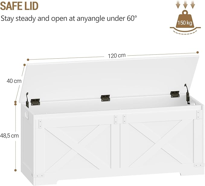 47.2" Storage Chest, Large Storage Trunk with 2 Hinges, Farmhouse Wooden Box Bench, Lift-Top Organizer Chest, Entryway Trunk for Bedroom, Living Room, White SB12103X