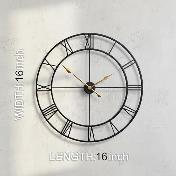 Zabiki 16 Inch Large Wall Clock Modern, Roman Vintage Farmhouse Decorative Black Metal Wall Clock for Living Room Decor, Xmas, Birthday Gift