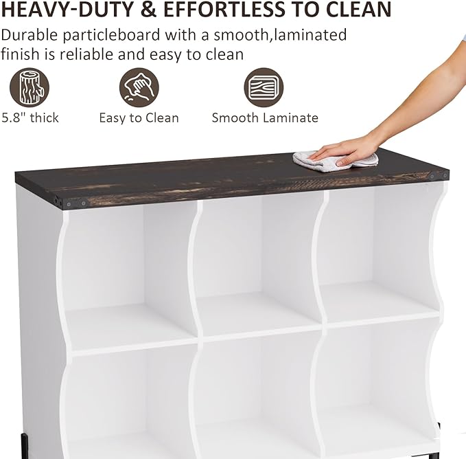 6 Cube Book Shelf, Low and Short Bookshelf, Long Cube Storage Organizer Wood TV Stand, Toy Organization DVD Cabinets for Living Room, Office, Bedroom, Dorm, White with Dark Brown Top