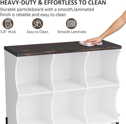 6 Cube Book Shelf, Low and Short Bookshelf, Long Cube Storage Organizer Wood TV Stand, Toy Organization DVD Cabinets for Living Room, Office, Bedroom, Dorm, White with Dark Brown Top
